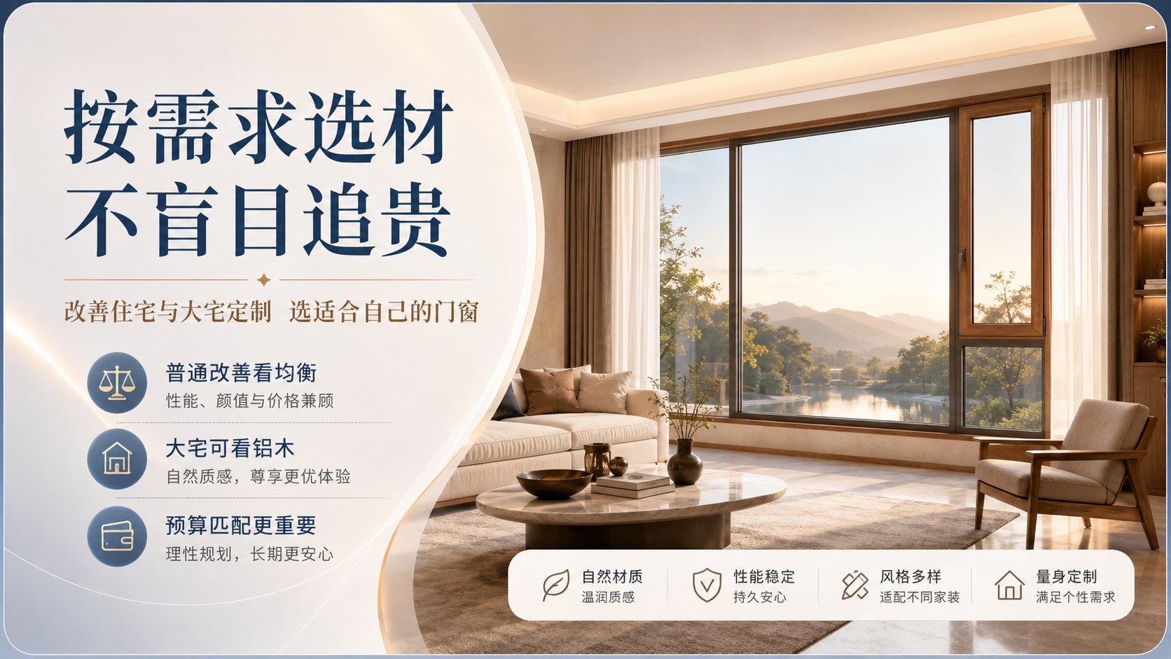 这张图片展示了现代简约风格的居家样板间，核心主体为宽大的落地门窗系统，采用深色木纹或铝木复合材质，搭配米色布艺沙发与圆形茶几。文案强调‘按需求选材，不盲目追贵’