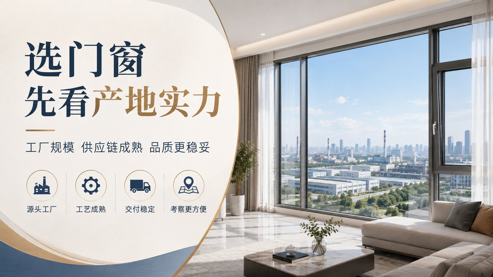 这是一张门窗品牌的宣传海报。画面右侧呈现现代简约风格的客厅场景，透过宽大的深灰色落地窗，清晰可见远处的工厂园区与城市天际线，突显视野开阔与采光优势。左侧文案“选